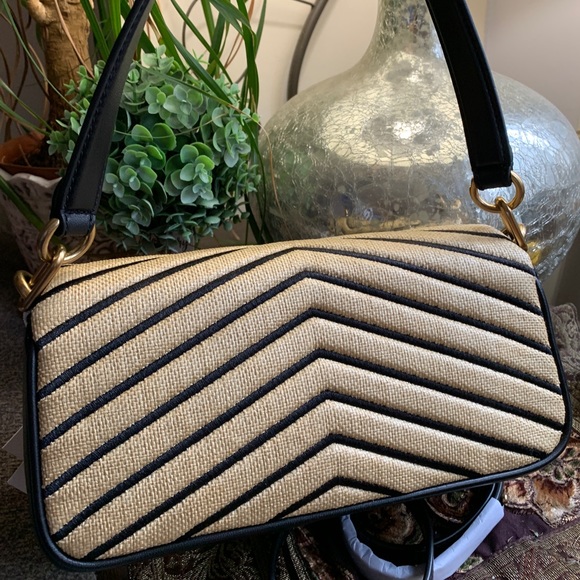 SOLD⛔️Authentic TORY BURCH Leather/quilted straw magnetic flap shoulder/Crosby - Picture 5 of 15